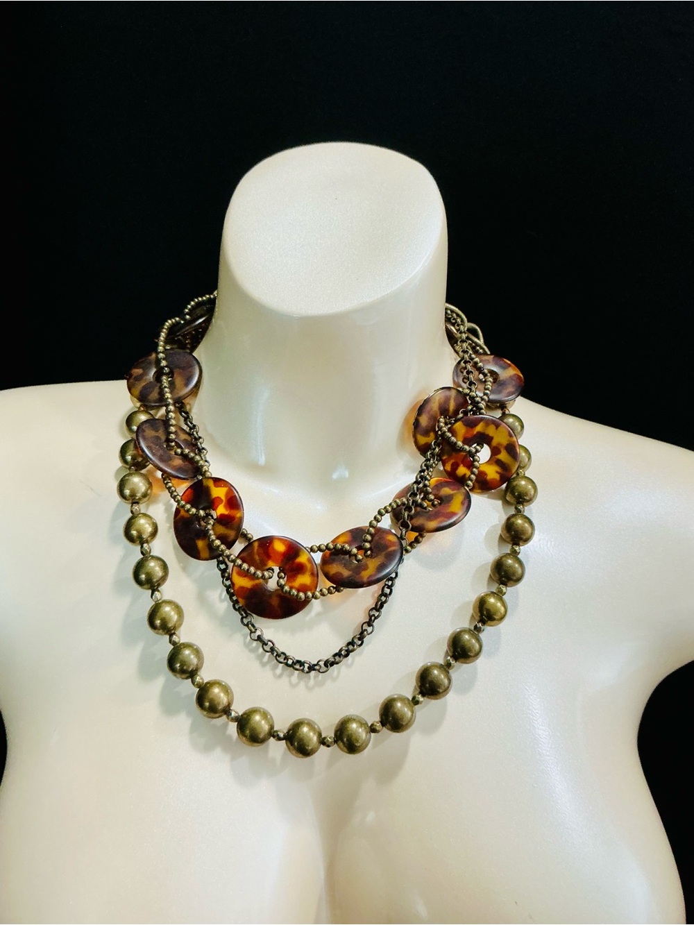 Premier Designs Tortoiseshell Disc & Antique Gold Multi-Strand Necklace